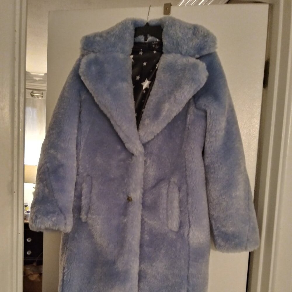 Lulu's Faux Fur knee length coat light blue small